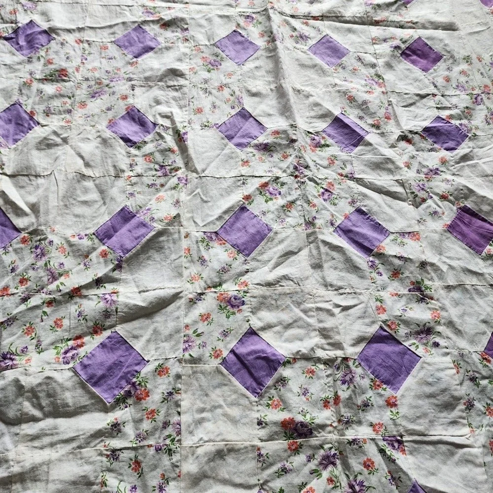 VINTAGE Handmade Patchwork Quilt Top Unfinished Purple Bow Tie Floral 38x92